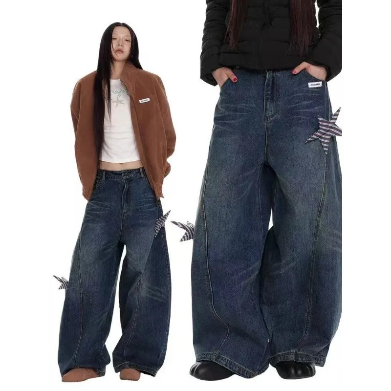 Streetwear hiphop star n winter American casual oversized jeans for women Harajuku niche slim straight wideleg y2k pants 251225