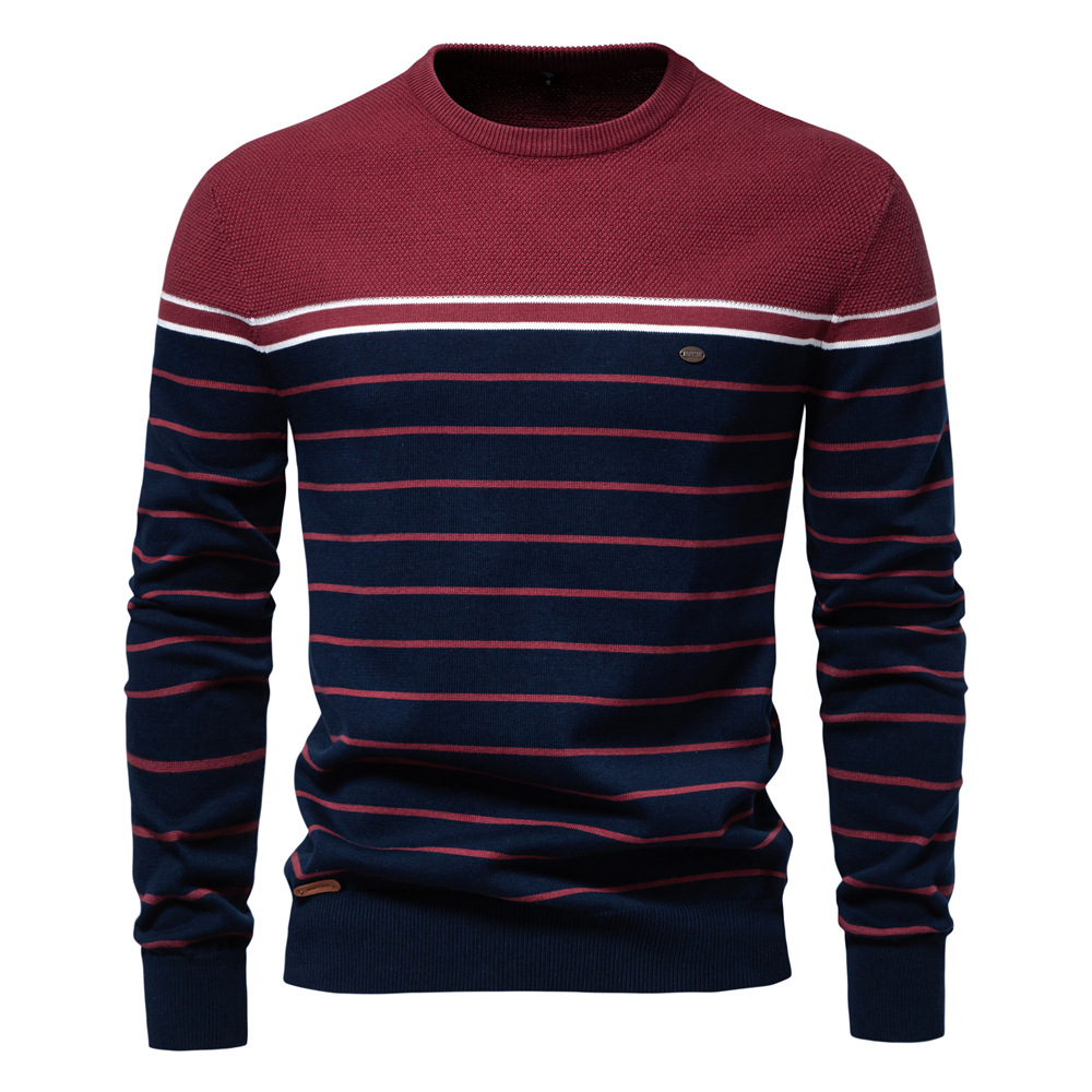WOZK autumn and winter new striped color blocked long sleeved men's knitted sweater fashionable round neck men's casual sweater