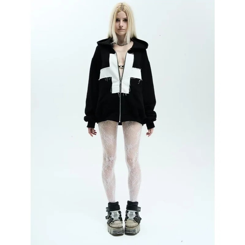 Trendy fashion cross patch goth oversized zip up hoodies for women Harajuku Y2K casual winter clothes couple sweatshirts 251225