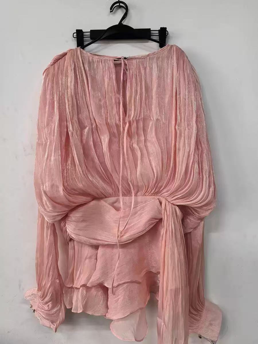 Casual Dresses Chic Ruffle Hem Mini Dress O Neck Lace Up Loose Blouse Lantern Sleeve Solid Chiffon Vestidos 2025 Lady Spring Gown