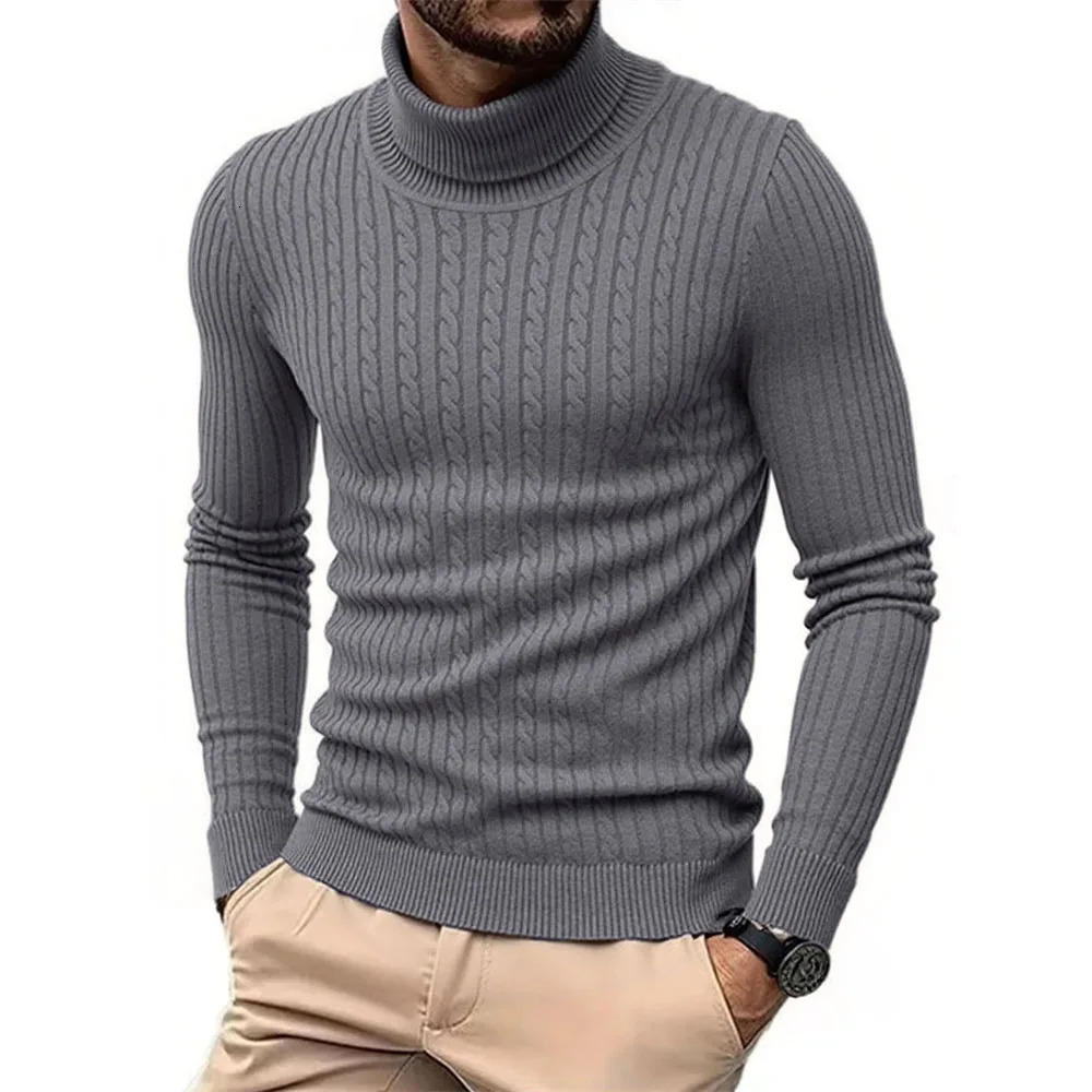 Autumn Winter Mens Turtleneck Sweater Warm Slim Fit Knitted Pullover Jacquard Striped Cozy Soft Knitwear Basic Style 251225