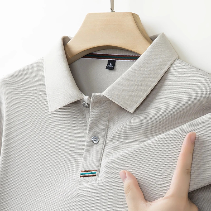 Mens Long-sleeved Polo Shirt Spring and Autumn Casual Breathable Comfortable Solid Color Collarless Dads Top for Outdoors 251225