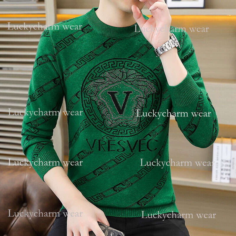 European Trendy Brand Men's Knitted Autumn Winter New Fashion Rhinestone Round Neck Versatile Base Shirt Sweater For Men