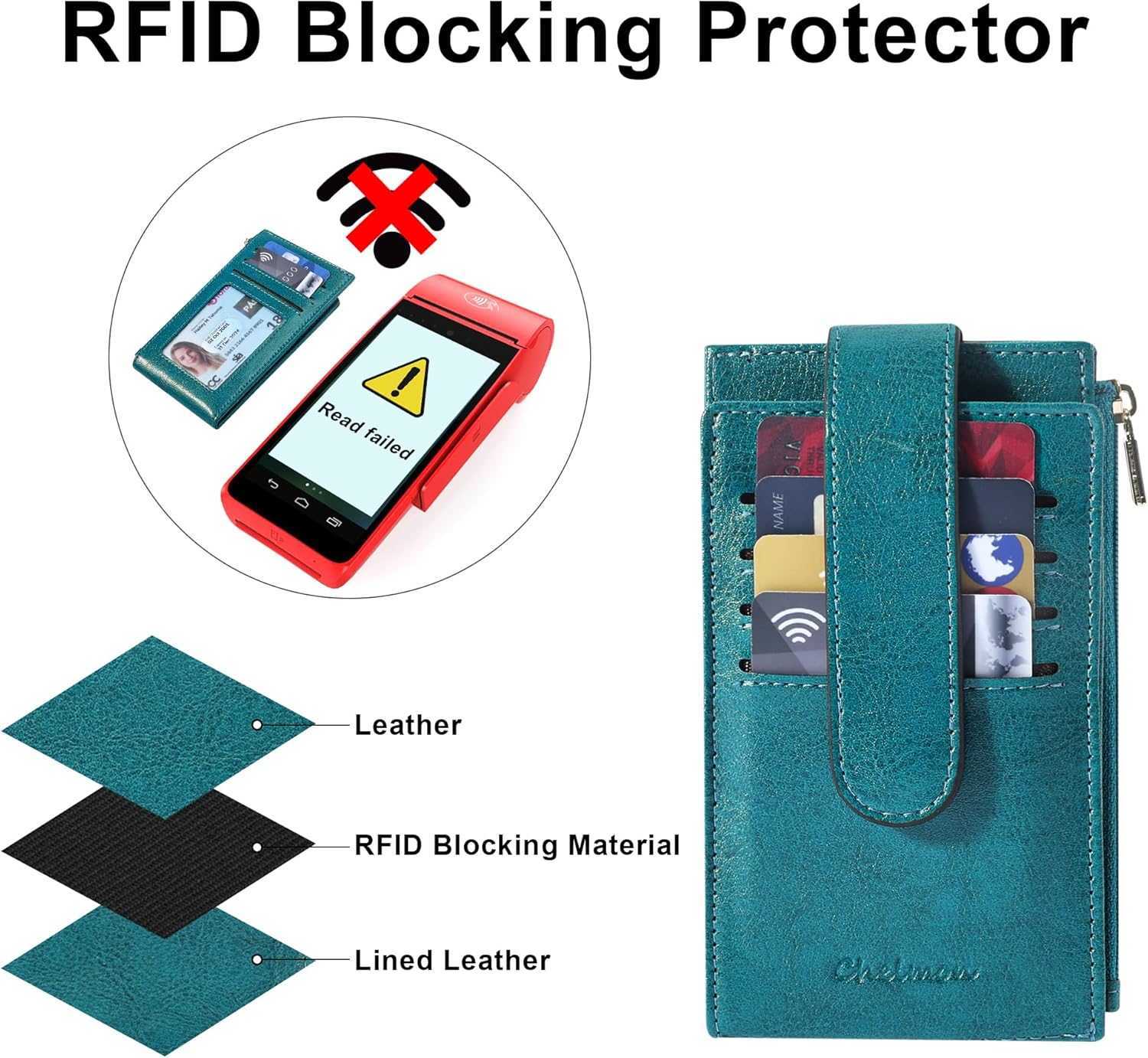 Wallet Slim RFID Blocking Bifold Multi Card Case Wallet with Zipper Pocket Peacock Blue M251225