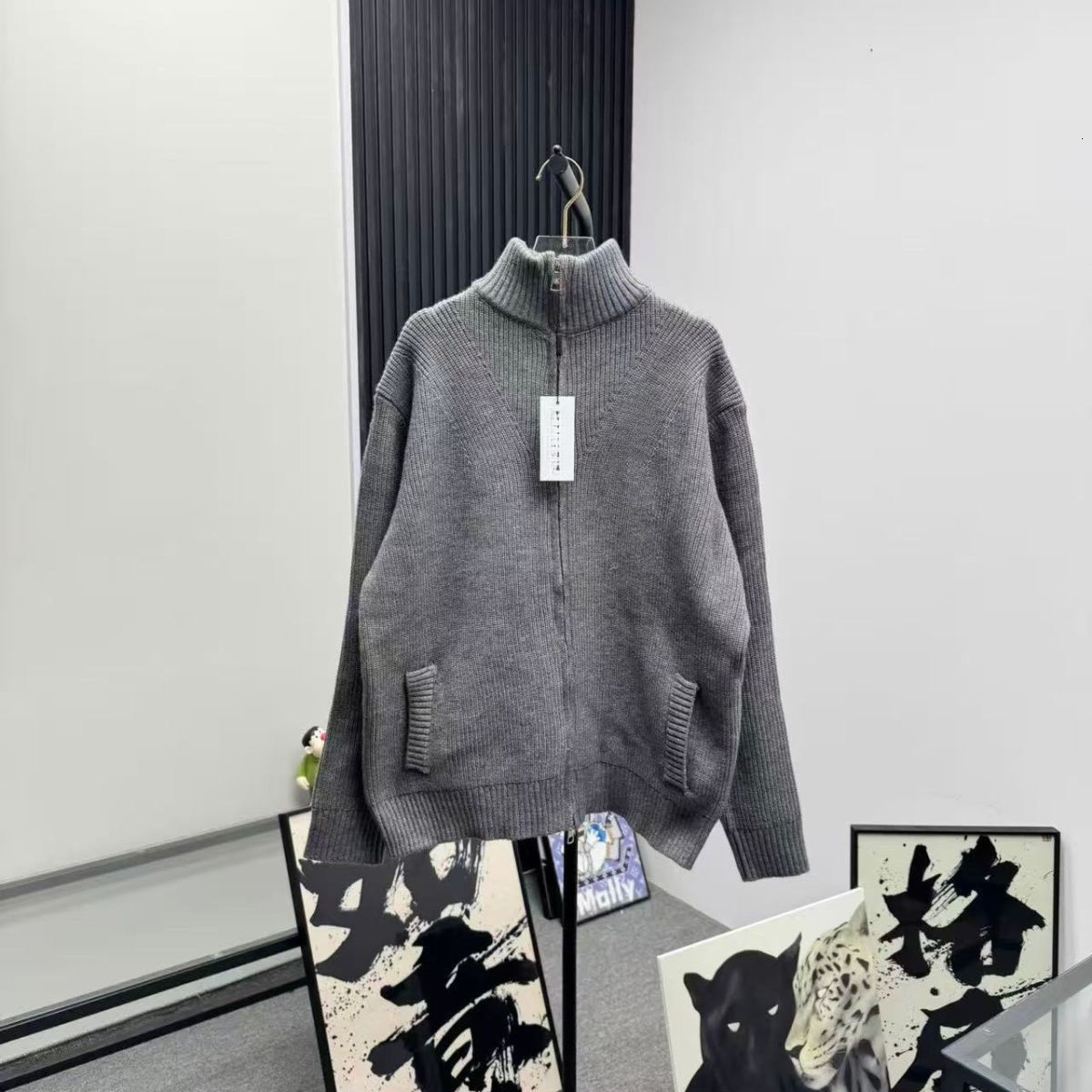 Embroidered Unisex Loose Letter Jacket New Zipper Stand Collar Sweater Red Same Style Knitted Top Cardigan Knitwear