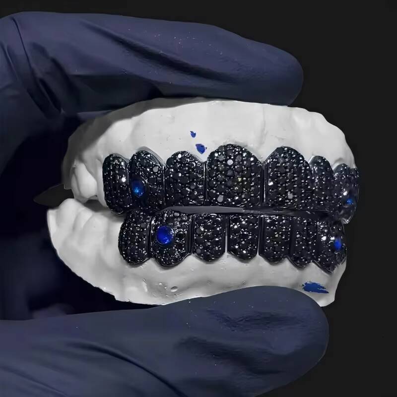 Custom Teeth Grillz Iced Out Black VVS Moissanite Diamond with Blue SapphireHoneycomb Pave Setting S925 Silver Hip Jewelry