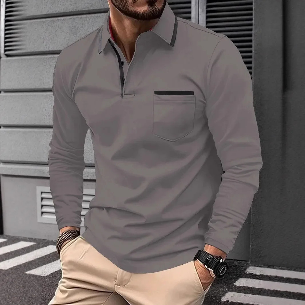 Autumn mens casual long sleeved polo shirt with pockets fashionable street trend regular solid color elastic breathable 251225