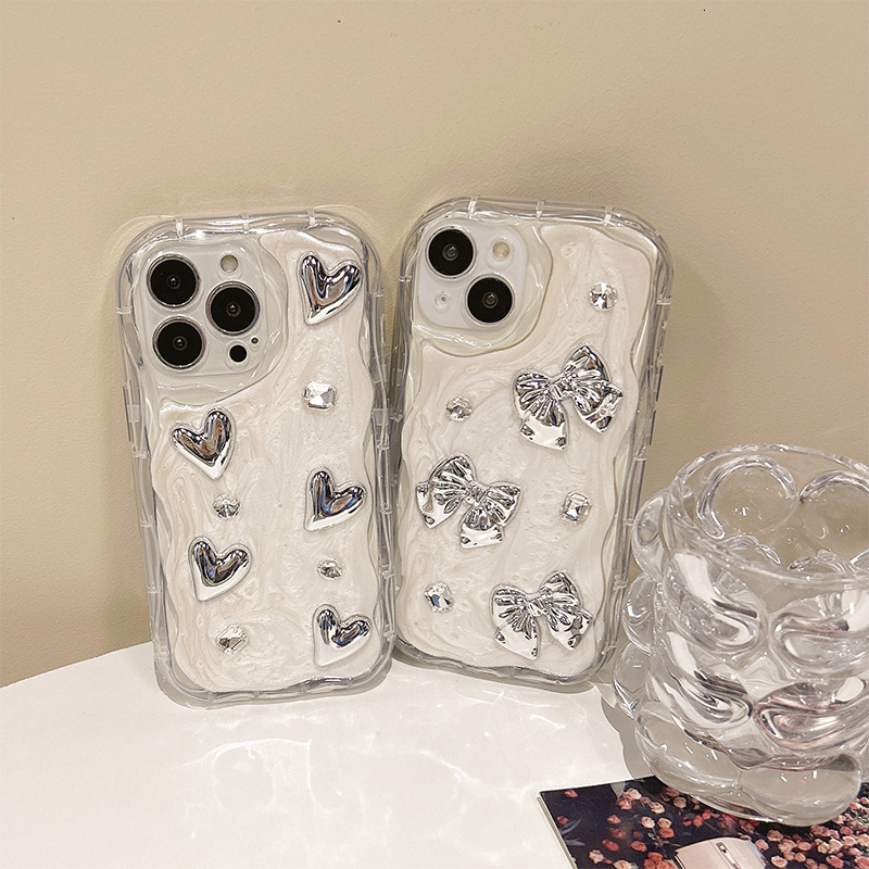 Electroplated silver Bowknot Heart Phone Case Compatible with Apple 17 Pro Max Full Coverage iPhone 16 Rhinestone Ins