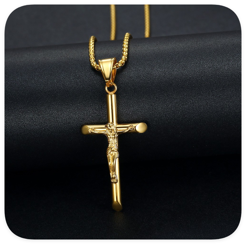 Jesus Cross Crucifix Pendant Necklace for Men Stainless Steel Gold Color Christian Coffee Bean Chain Jewelry