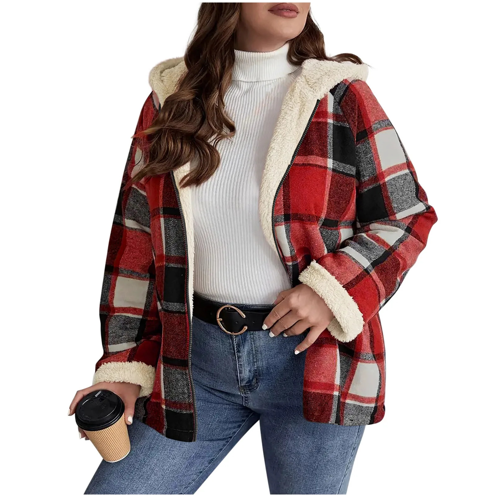 Womens Large Plaid Style Jacket With Hooded Autumn And Winter Casual Loose Black White Coat Button Fall Top 251225