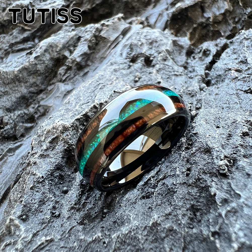 TUTISS 8mm Black Tungsten Ring for Men Women Engagement Wedding Band Fashion Jewelry Green Opal Koa Wood Inlay Comfortable Fit 251224