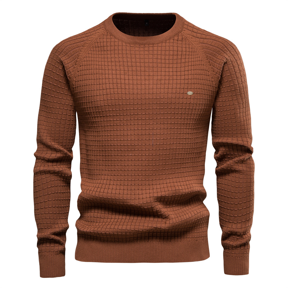 WOZK autumn and winter sweater men's solid color base plaid pullover sweater men's high stretch long sleeved shirt designer