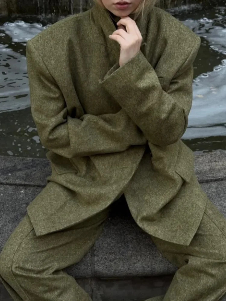 Woolen Blazer Pants Suits Women Lapel One Button Long Sleeves Shoulder Pad Set Female Autumn Winter Fashion Solid Outwear 251225