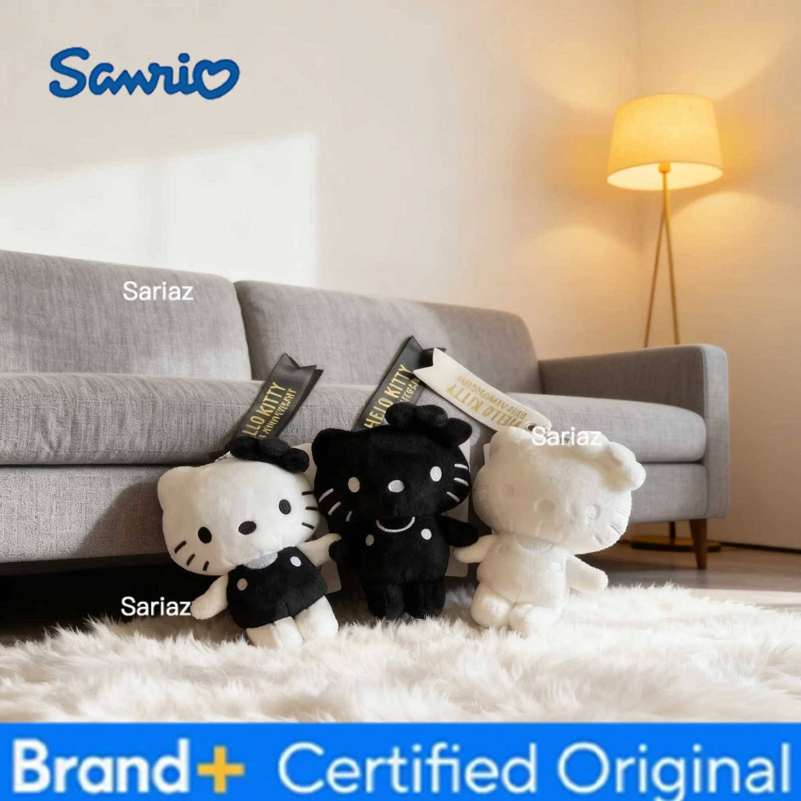 Sanrio New Cute 50th Anniversary Limited Edition Pure Black and White Hello Kitty Pendant Girls Heart Plush KT Doll Keychain Pendant H251225