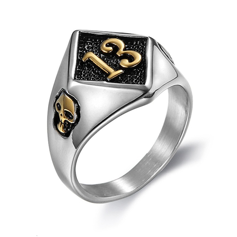 European And free shipping American Classic Motorcycle Series Lucky Number 13 Skull Men's Titanium Steel Vintage Ring