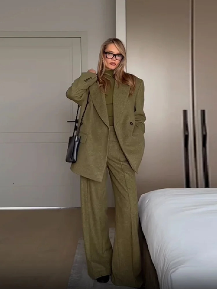 Woolen Blazer Pants Suits Women Lapel One Button Long Sleeves Shoulder Pad Set Female Autumn Winter Fashion Solid Outwear 251225