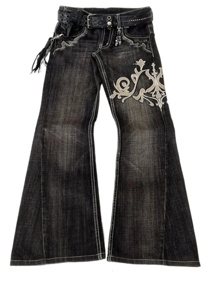 HOUZHOU Y2k Retro Flared Jeans Women Harajuku Gothic Embroidery Denim Pants Vintage Punk Baggy Street Grunge Washed Trousers 251225