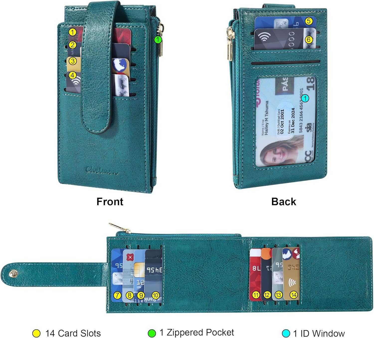Wallet Slim RFID Blocking Bifold Multi Card Case Wallet with Zipper Pocket Peacock Blue M251225