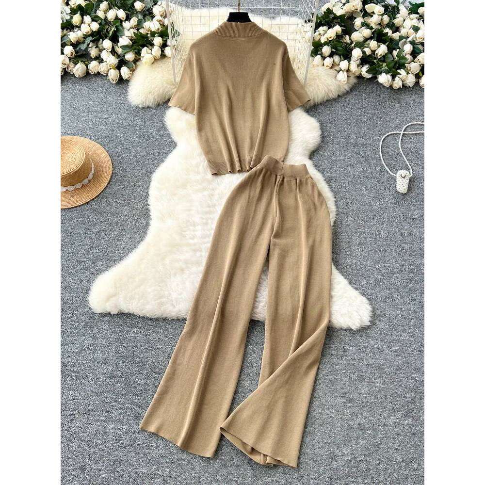 Designer Clothes Leisure Suit Women S European Round Neck Short Sleeved Knitted Cardigan High Waist Wide Leg Pants Summer Two Piece Set Hot Selling