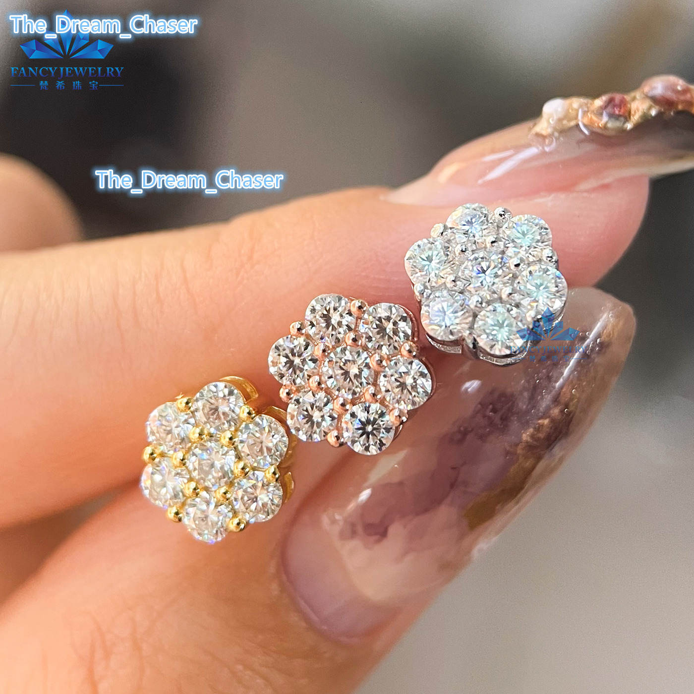 Wholesale Iced Out Hiphop Diamond Earring Silver 925 Vvs Moissanite Stud Earrings Iced Out Cluster Flower Stud Earrings