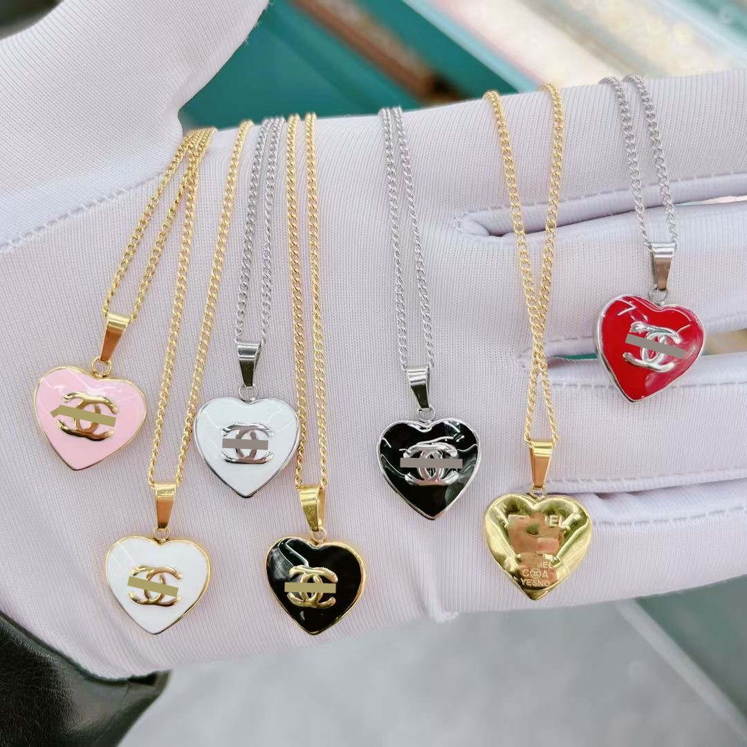 Enamel black white red pink designer logo back engrave girls double C heart small pendant necklace 18K Gold Silver 316L stainless steel branded women Jewelry