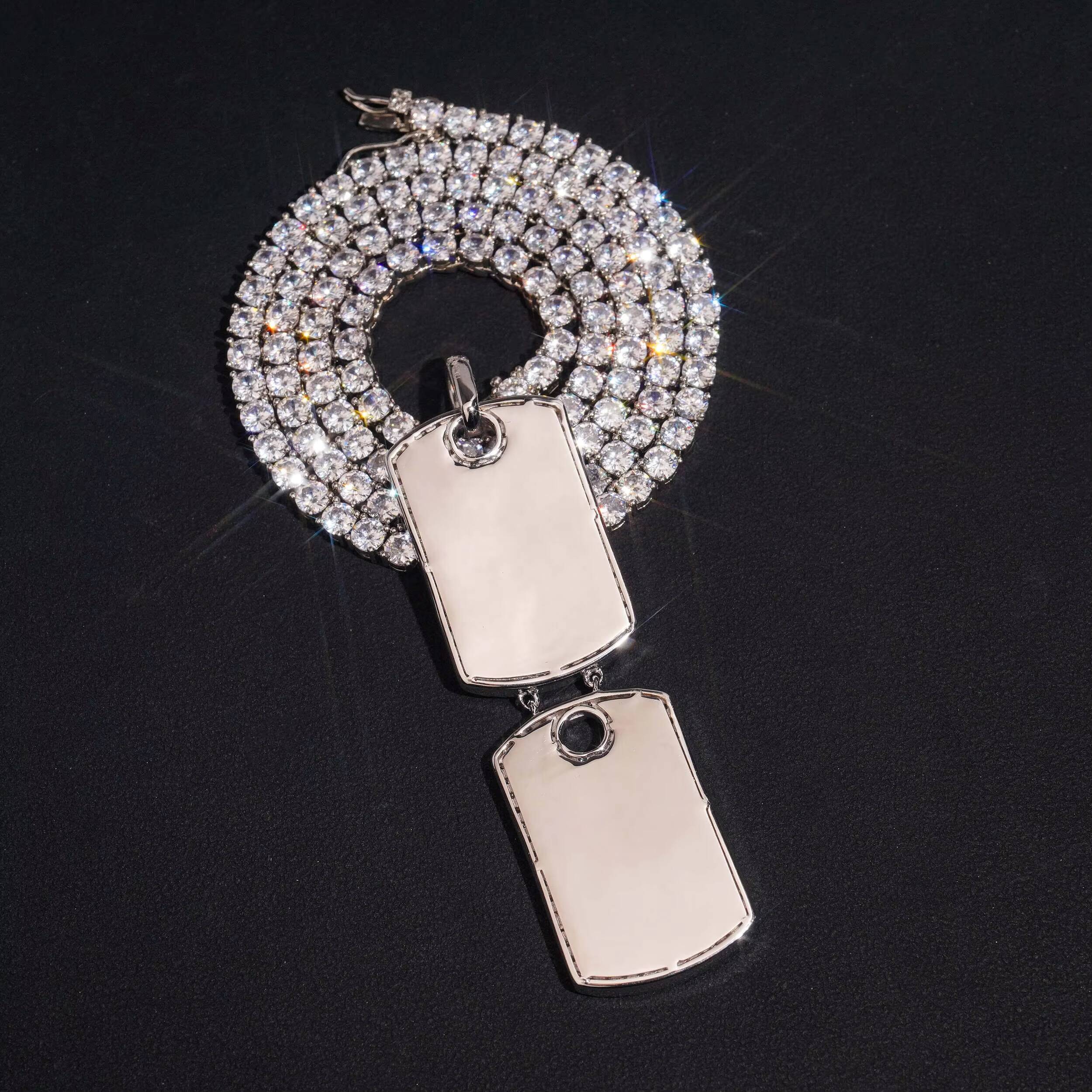 White Gold VVS Moissanite Diamond Double Dog Tag Pendant Match 4MM Tennis Chain Necklace