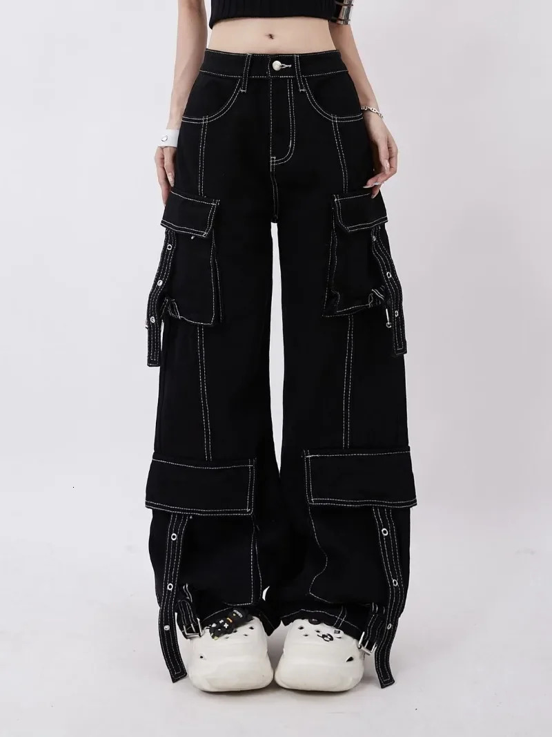Aesthetic fashion white line black n high waisted jeans women autumn and winter hiphop street casual cargo pants 251225