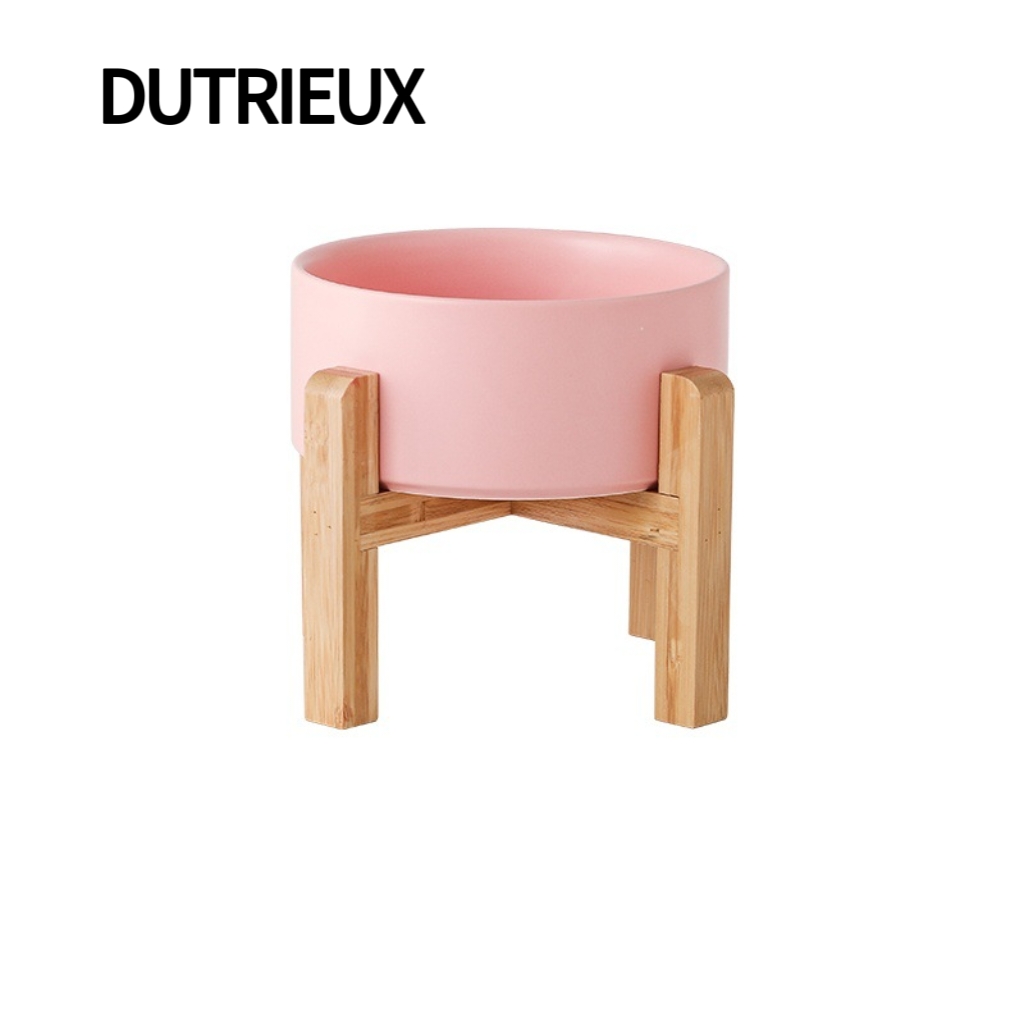 H1976 Ceramic cat and dog bowls with neck protection, tall bamboo and wood frame to prevent tipping, pet food and water bowls.