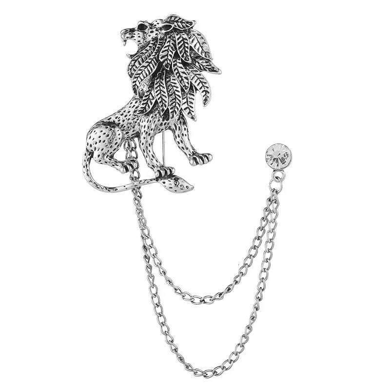 Korean Fashion Crystal Lion Brooch Animal Tassel Chain Lapel Pins British Style Men's Shirt Collar Badge Clothing Accessories 25N1225