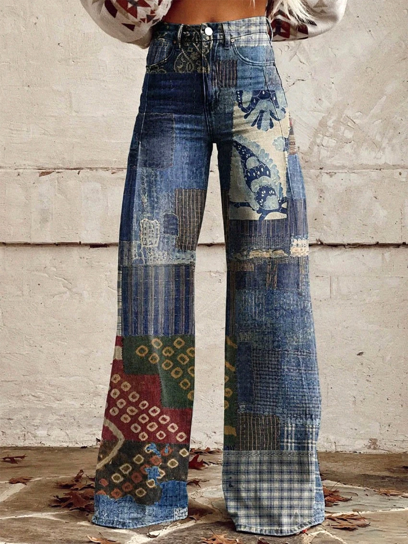 Womens Spring Patchwork Denim Big Flare Pants Vintage Zipper Streetwear Pocket Wide Leg Tassels Mid-Waist Jeans Pants 240822