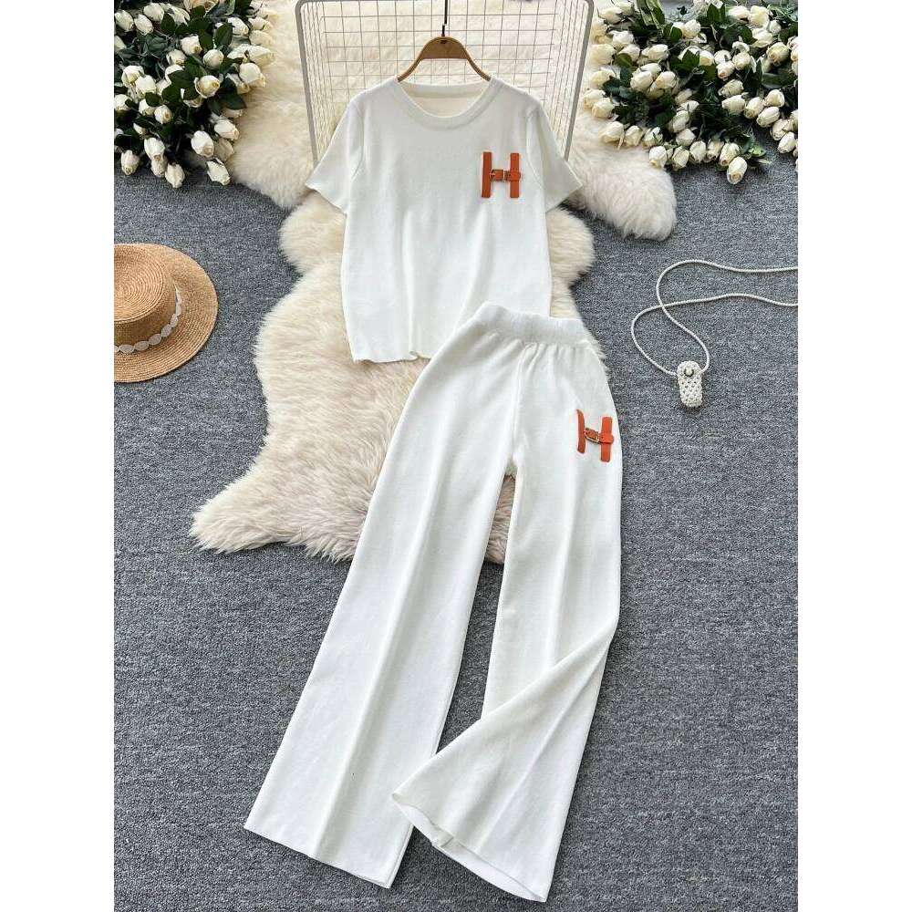 Designer Clothes Leisure Knitted Summer Fashion Letter Embroidered Sweater And Wide Leg Pants Two Piece Set Hot Selling