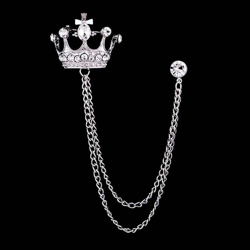 Korean British Style Crown Brooch Suit Tassel Chain Lapel Pin Badge Retro Men Accessories Wedding Banquet Jewelry Gift 25N1225