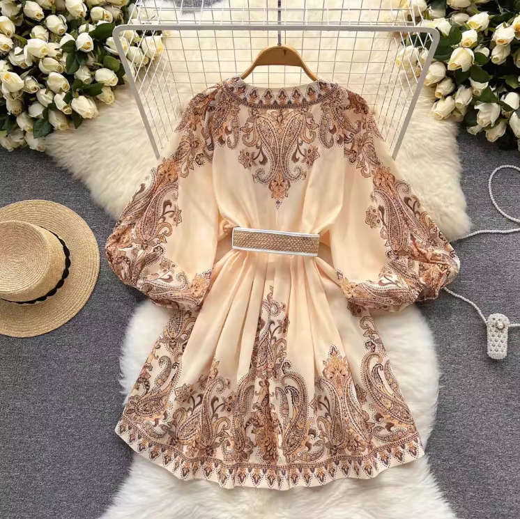Basic Casual Dresses AELEWELL Women Dresses Spring Runway Fashion Paisley Print Vintage Dress V Neck Long Lantern Sleeve Belted Mini Dress