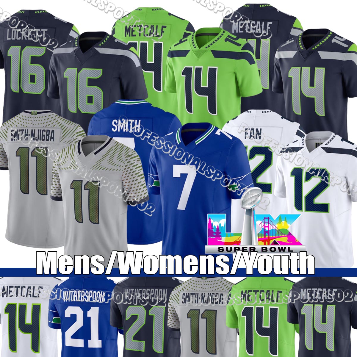 Seattles SeahawksS Jersey SeahawksJersey #14 Metcalf #11 Smith-Njigba #10 Kupp #12 Fan #14 Darnold #21 Witherspoon #9 Walker III #91 Murphy II #80 Largent #37 Alexander
