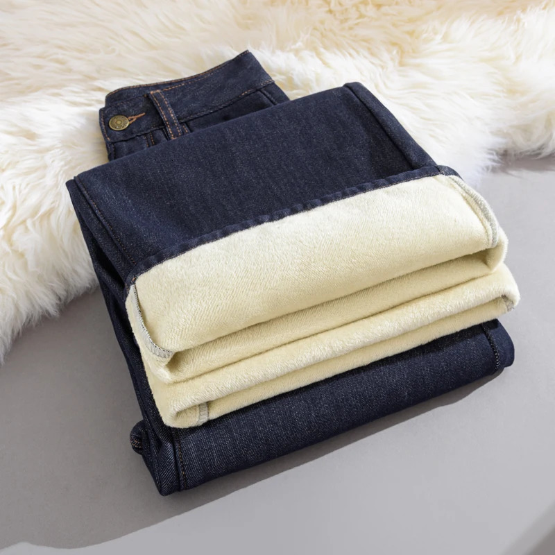 Winter Fleece Lined Jeans for Woman Y2k Pants Wide Leg Blue Loose Straight Trousers Pear Shape Body Comfort Fashion Trend 251225