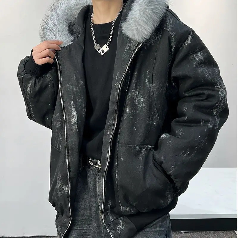 Y2K Cotton jacket with fur collar eagle embroidered and tie-dyeed winter mens outdoor jacket thick and comfortable 251223CJ