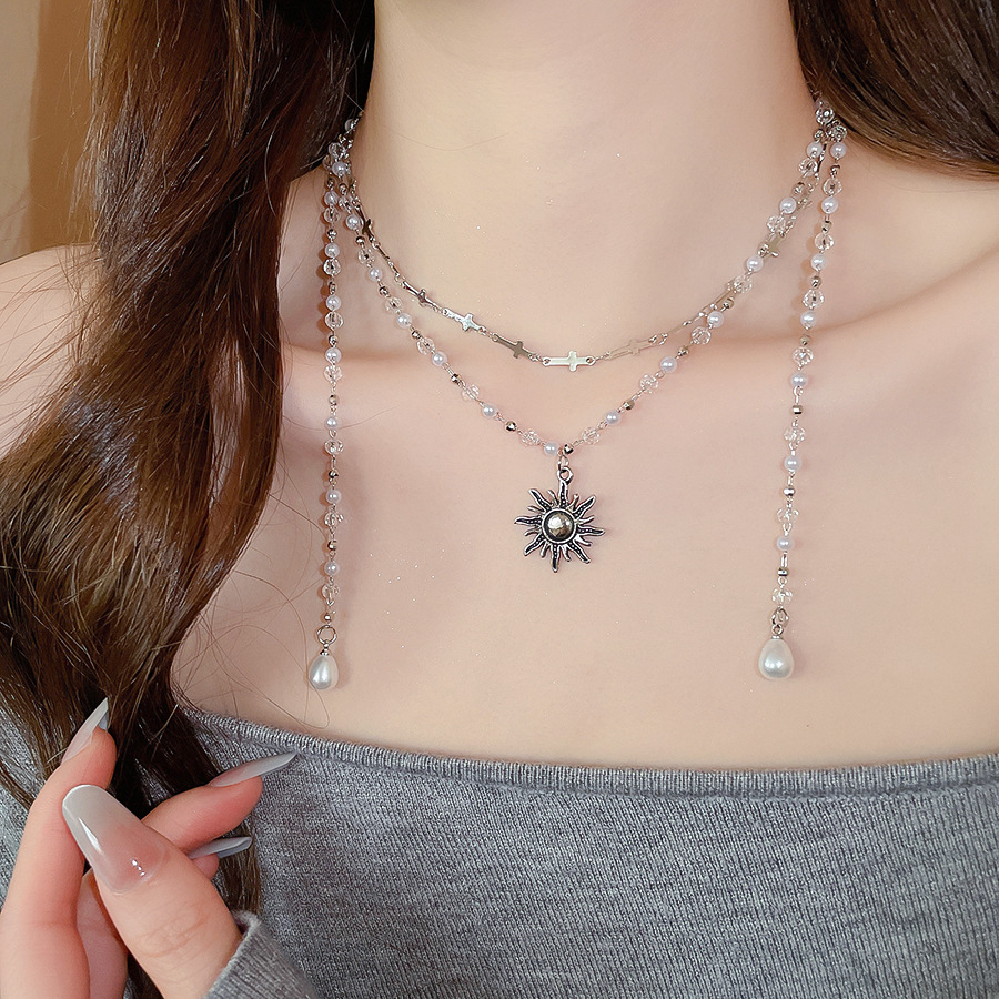 Pearl Crystal Cross Beaded Sun Double Layer Necklace Vintage Distressed Collarbone Chain Light Luxury High-end Sense Jewelry for Women - view 4