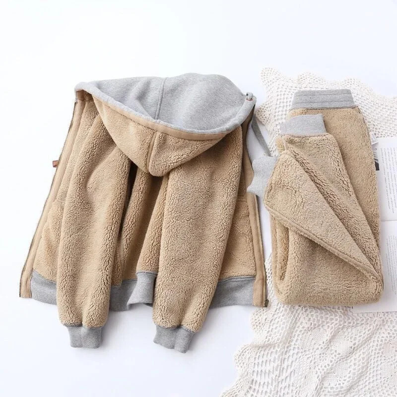 Winter Thicken Fleece Sweatshirts Hoodies Women Twopiece Suit Casual Sports Sets Female Short Coat Straight Pants 2piece 251225