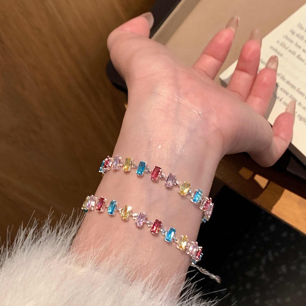 Dopamine Colorful Rectangular Zircon Bracelet Fresh Sweet Temperament Niche Design Sense Hand Jewelry High-end Accessories - view 4