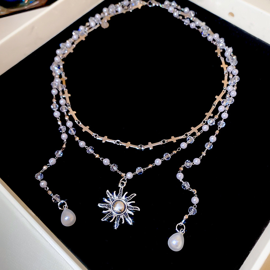 Pearl Crystal Cross Beaded Sun Double Layer Necklace Vintage Distressed Collarbone Chain Light Luxury High-end Sense Jewelry for Women - view 6