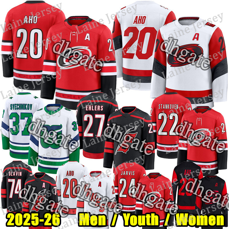 #20 Sebastian Aho carolina hockey jersey #27 Nikolaj Ehlers Seth Jarvis Andrei Svechnikov hurricane jersey K’Andre Miller Staal Logan Stankoven