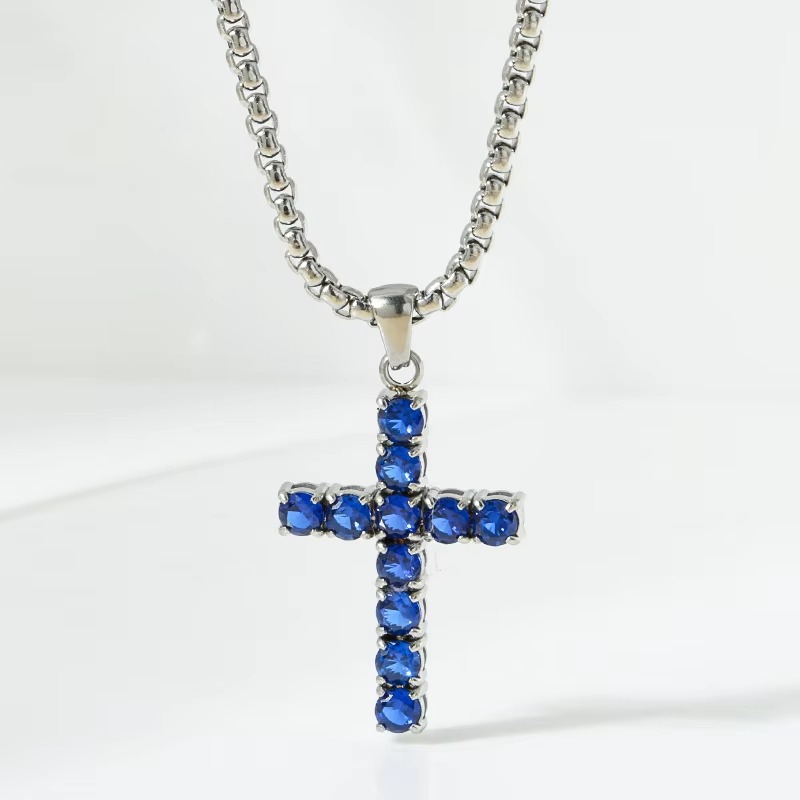 Jewellery Stainless Steel Texture White 5A Zircon Square Cross Pendant Necklace Hip-Hop Style for Daily Wear Gift for All Occasions Textured Urban Acc