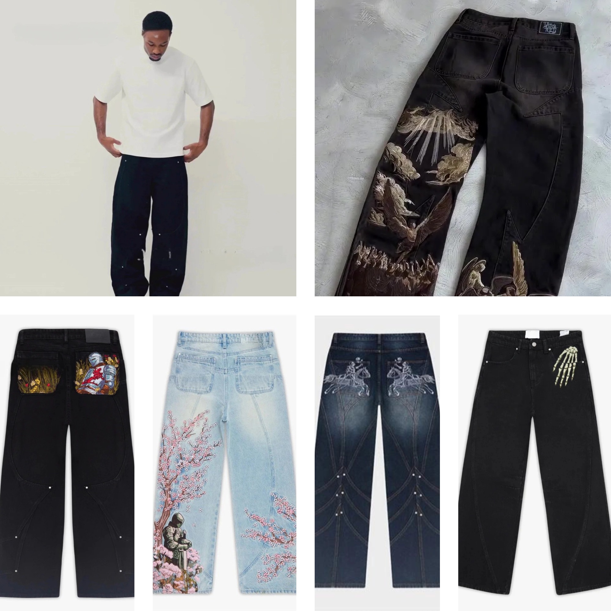 Designer Jeans Retro Trend Bat Pattern Embroidery Loose Jeans Street Pants Lazy Jeans Straight Leg Pants Men's Jeans