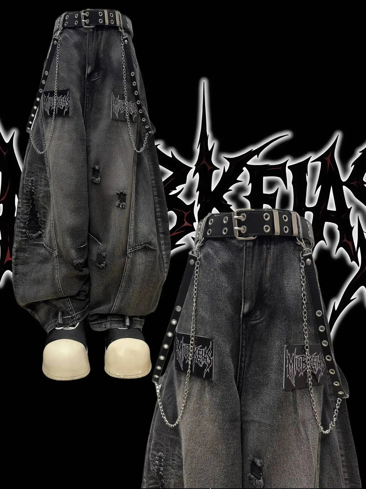 Punk Gothic Jeans Unisex Autumn Winter Street Denim Pants Letter Distressed Loose Wide Leg Y2K 251225