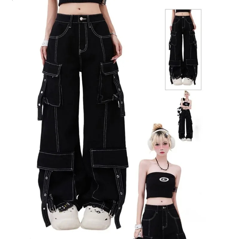 Aesthetic fashion white line black n high waisted jeans women autumn and winter hiphop street casual cargo pants 251225