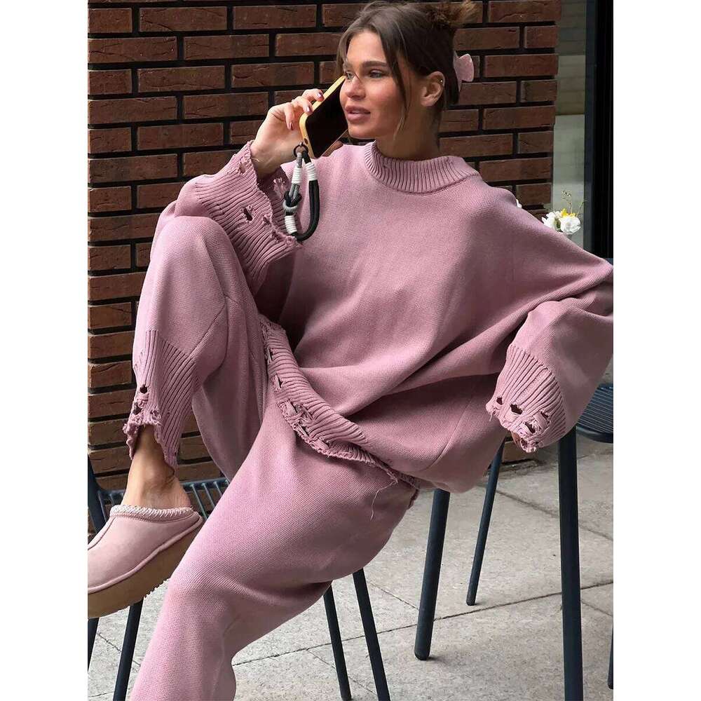 Two Piece Ripped Set Women Knit Tracksuits O Neck Long Sleeve Casual Baggy Sweatshirts Joggers Pants Outfits Fall Winter