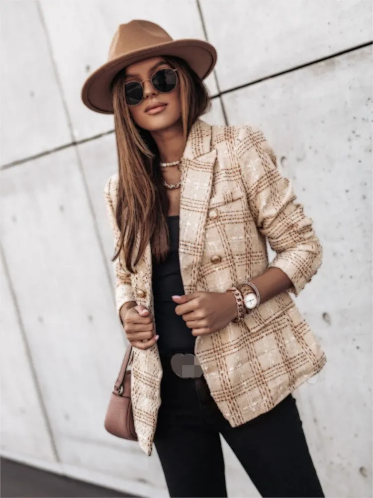 Women Double Breasted Plaid Blazer Coat Vintage Long Sleeve Flap Pockets Casual Buttons Autumn Female Outerwear 251225