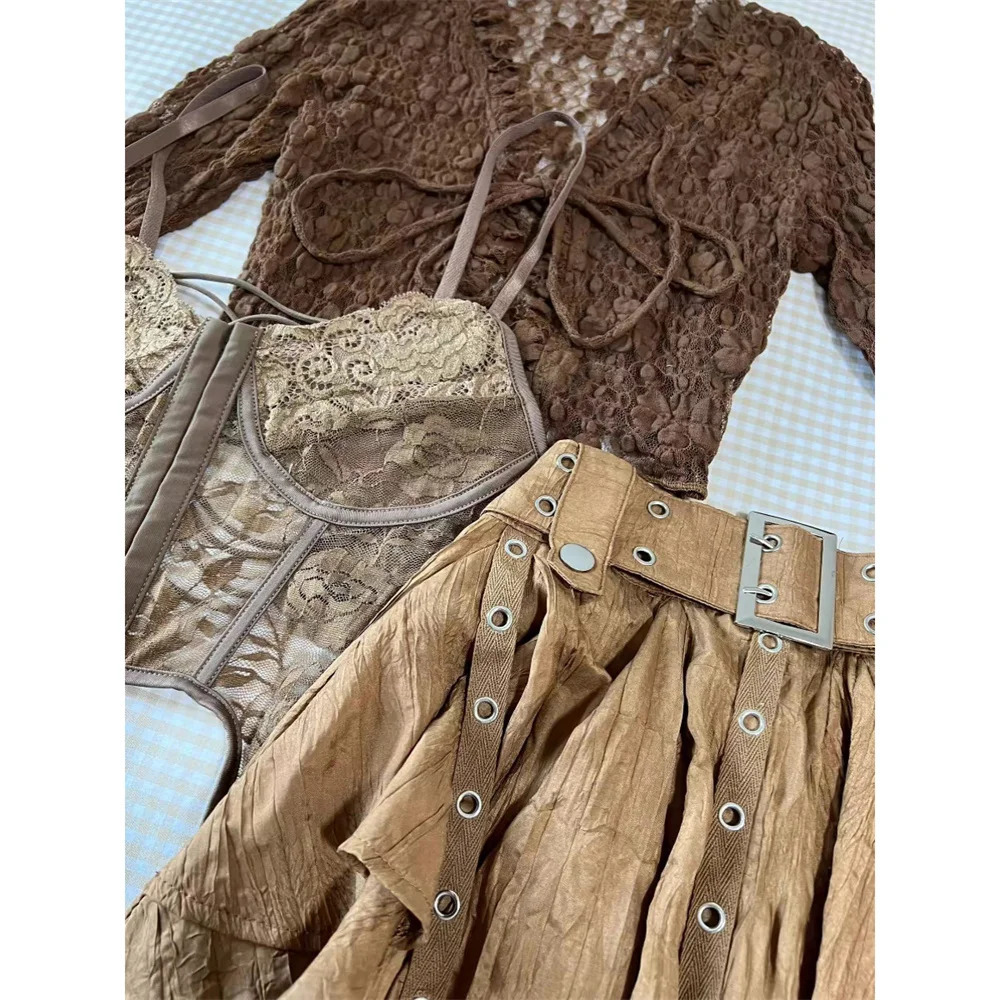 Fashion Harajuku Vintage 3 Piece Set Woman Short Cardigan Slim Vest Y2k EGirl High Waist Skirt Girls Korean Style Suit 251225