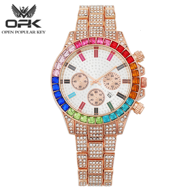New popular three eyed fashion watch rainbow gradient rhinestone inlaid decoration calendar women's luxury watch trendy chic elegant luxurious wa