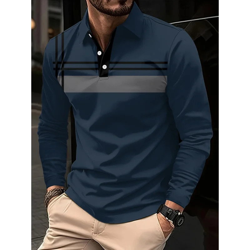 Simple striped pattern polo shirt casual and fashionable mens 3d printed long-sleeved polo T-shirt loose spring and autumn st 251225